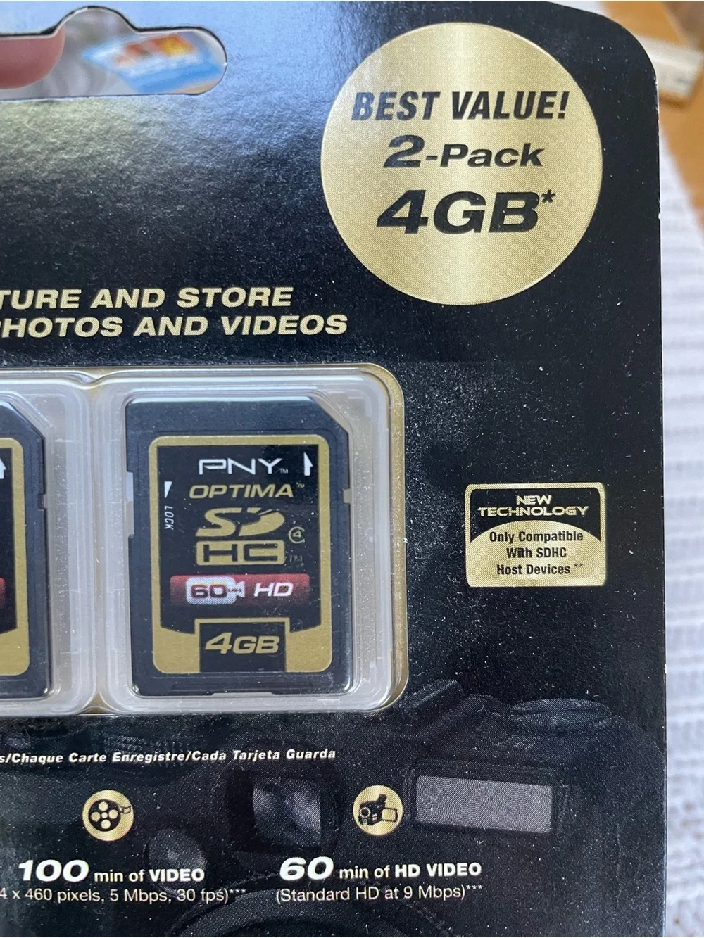 PNY Optima 4 GB SD Cards 2 pk- OEM -P-SDHC4G4X2-EF, Brand New